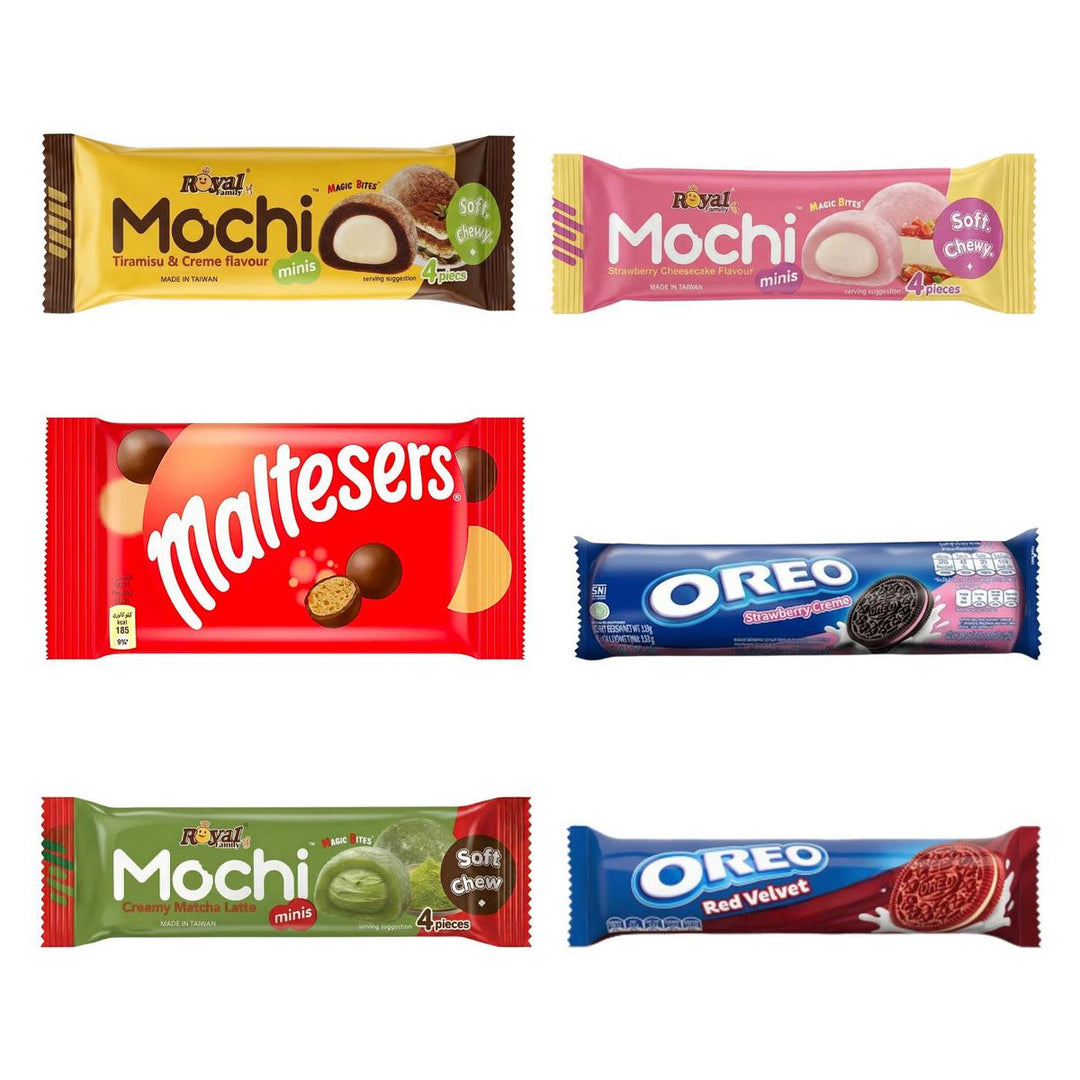 Snack Süßigkeiten-Bundle, 6 snack Süßigkeiten in den Geschmacksrichtungen Tiramisu, Strawberry Cheesecake, Milchschokolade, Erdbeere, Matcha Latte und Red Velvet