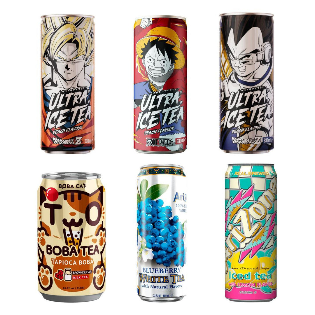 Tee Box, 6 kalte Tees und Bubble Tea mit Pfirsichgeschmack (Goku, Luffy, Vegeta), Brown Sugar Milk Tea, Heidelbeere und Zitrone