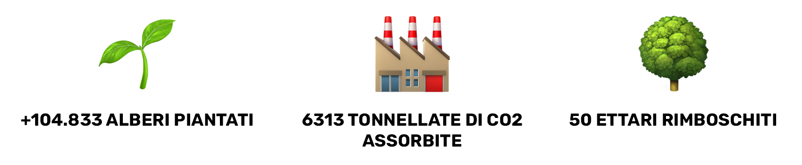 +104.833 alberi piantati, 6313 tonnellate di co2 assorbite, 50 ettari rimboschiti