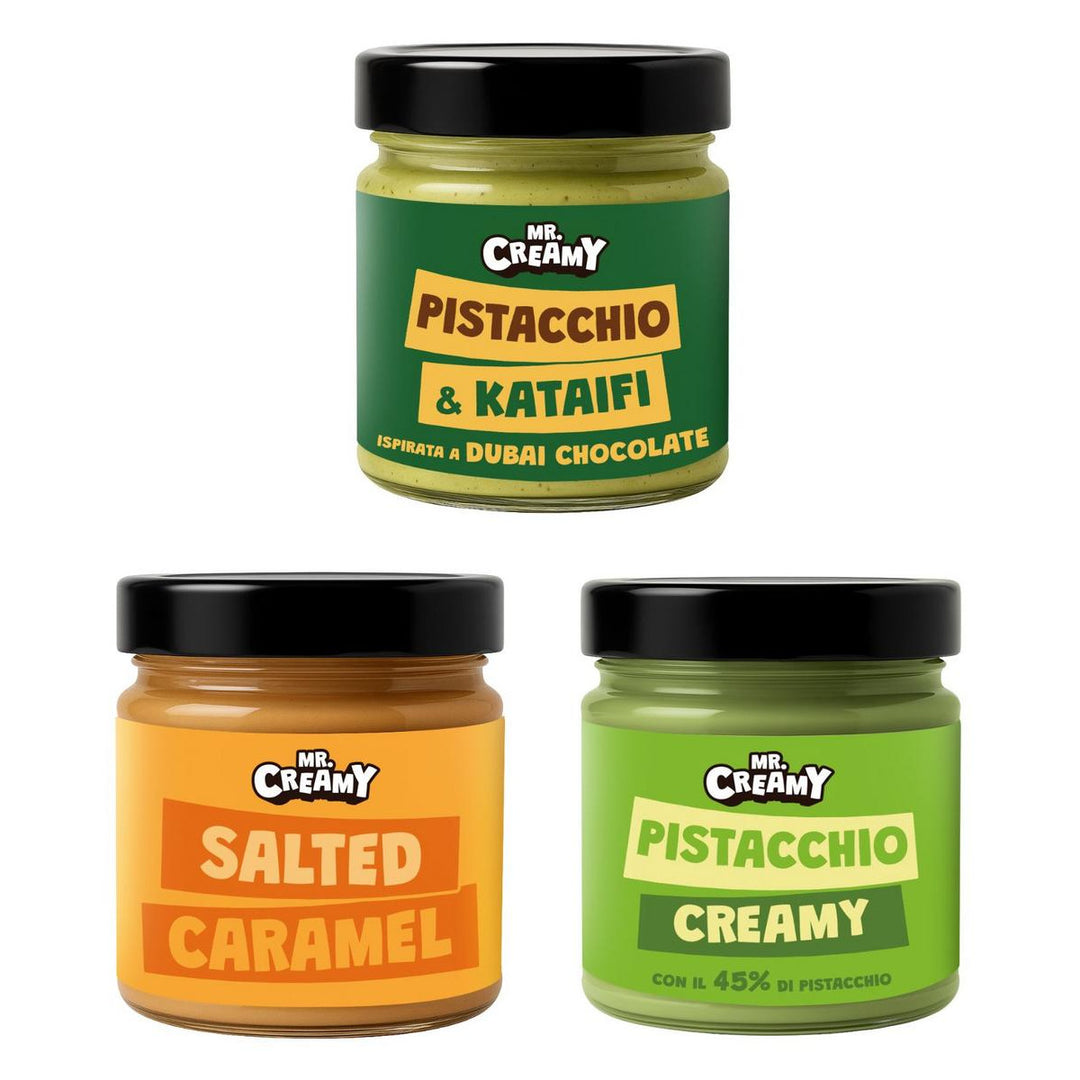 Mr. Creamy Kit, 3 Aufstriche mit Pistazien- &amp; Kataifi-Geschmack, Salted Caramel und Pistazien-Creamy
