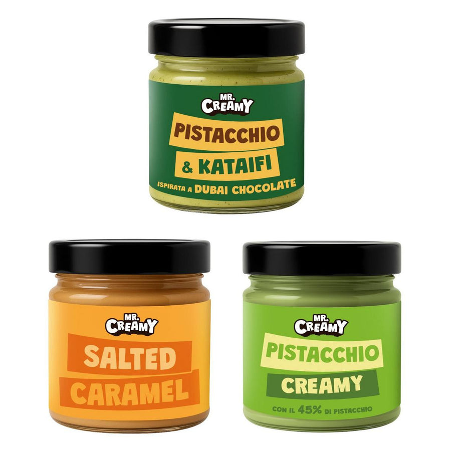 Mr. Creamy Kit, 3 Aufstriche mit Pistazien- & Kataifi-Geschmack, Salted Caramel und Pistazien-Creamy