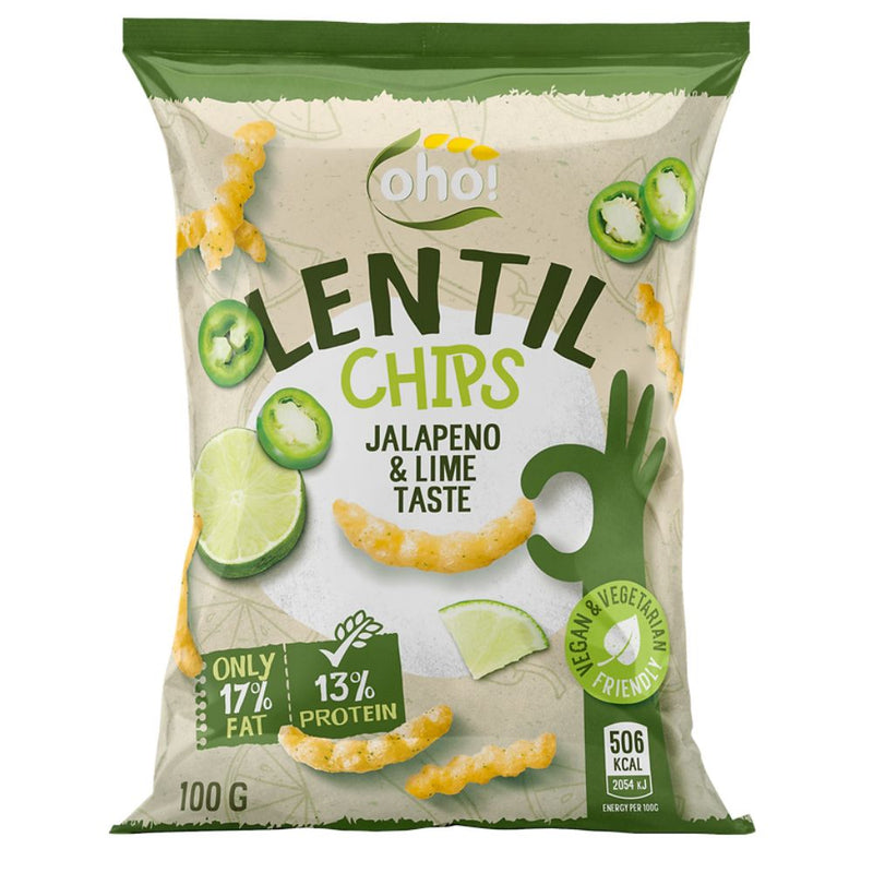 Confezione da 100g di chips di lenticchie al jalapeno e lime Oho Lentil