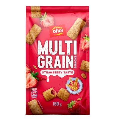 Confezione da 150g di snack integrali ripieni di fragola Oho Multi Grain Snack