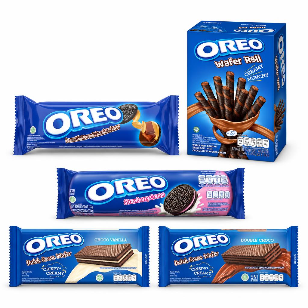 Oreo Kit, 5 Kekse und Waffeln mit Erdnussbuttergeschmack, Schokoladenrolle, Erdbeere, Kakaovanille und Doppel-Schokolade