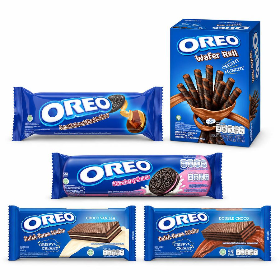 Oreo Kit, 5 Kekse und Waffeln mit Erdnussbuttergeschmack, Schokoladenrolle, Erdbeere, Kakaovanille und Doppel-Schokolade