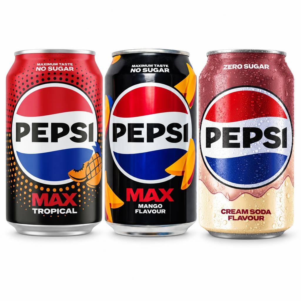 Pepsi Kit, 3 kohlensäurehaltige Getränke mit tropischem Fruchtgeschmack, Mango und cola und Vanille