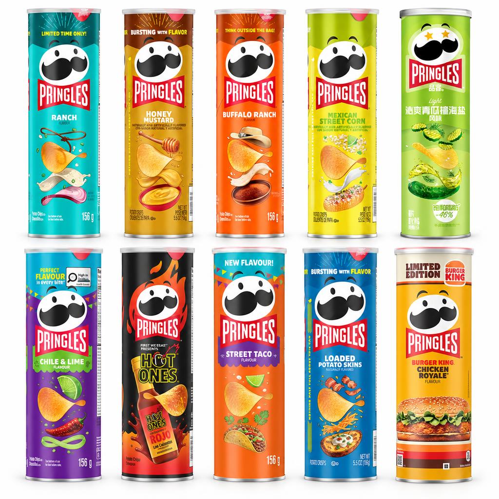 Pringles Kit, 10 Chips in verschiedenen Geschmacksrichtungen: Ranch, Honey Mustard, Buffalo Ranch usw.