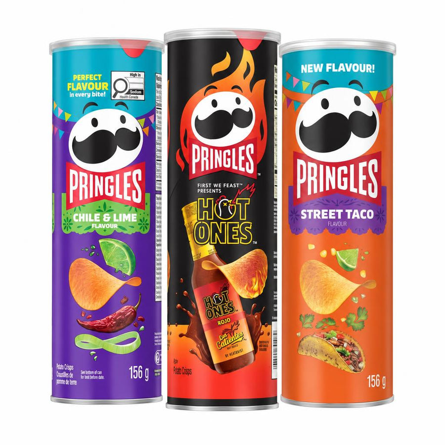 Pringles Kit, 3 Chips mit Chili- und Limettengeschmack, Hot Ones Los Calientes Rojo und Street Taco
