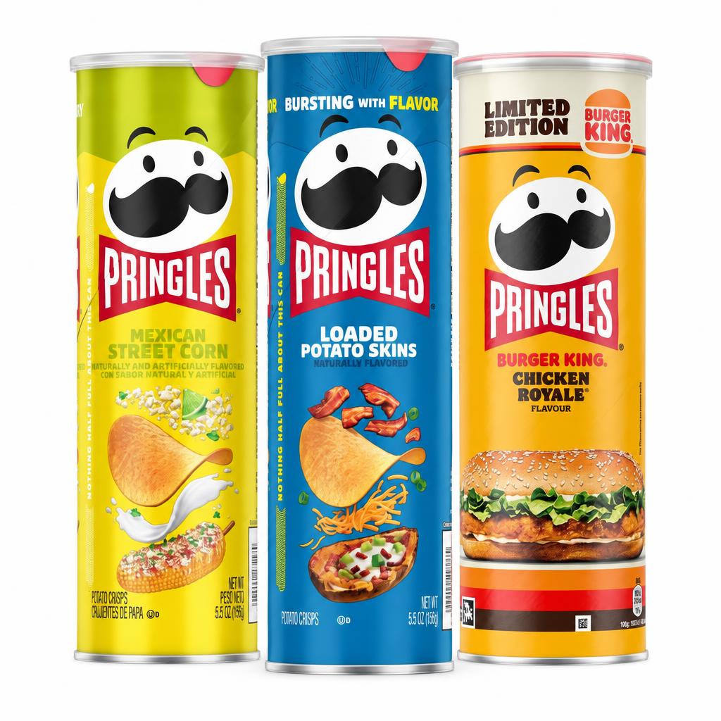 Pringles Kit, 3 Chips mit Geschmack von gegrilltem Maiskolben mit Käse und Limette, Speck und Sauerrahm sowie Chicken Royale