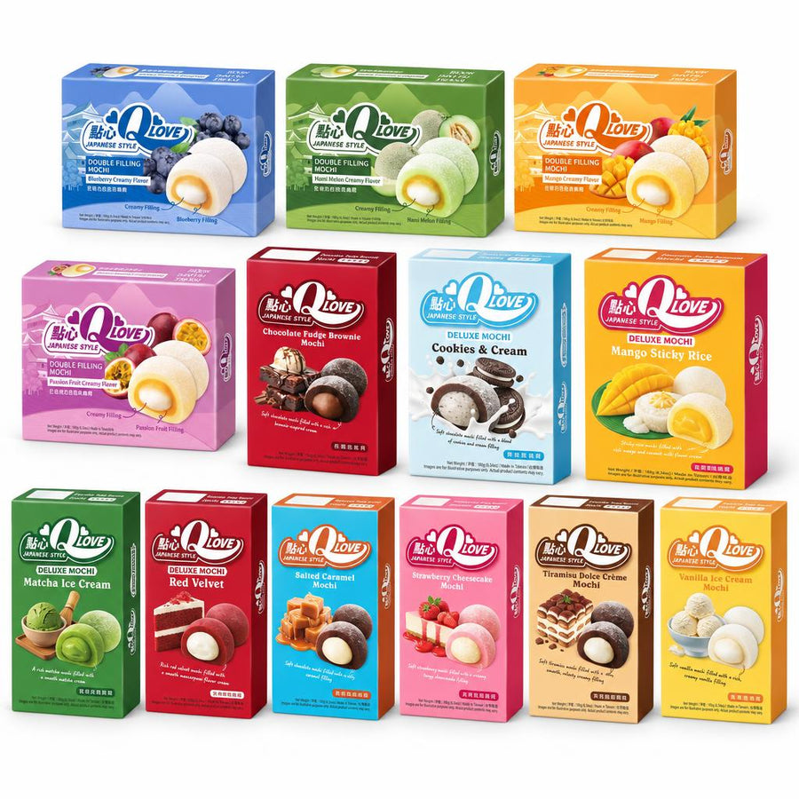 Qlove Kit, 13 Mochi in verschiedenen Geschmacksrichtungen: Blaubeere, Brownie, Tiramisu usw.