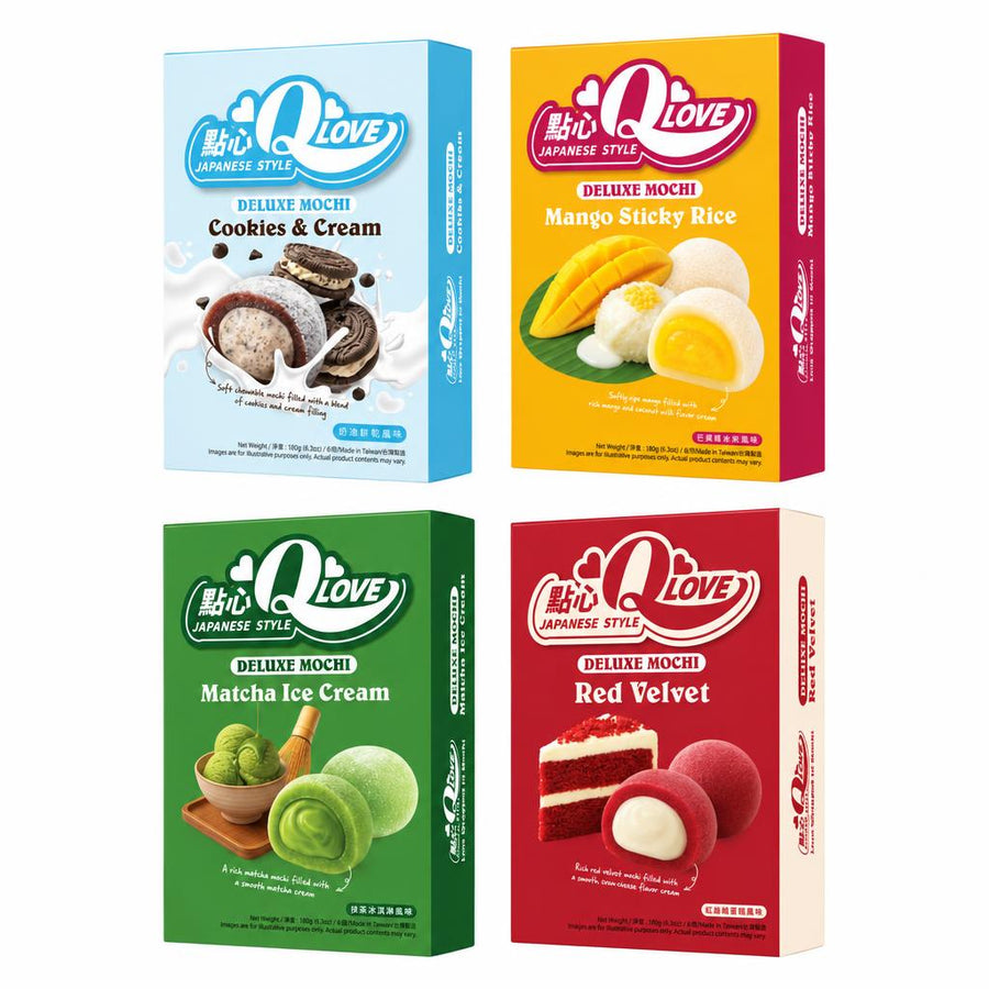 Qlove Kit, 4 Mochis mit den Geschmacksrichtungen Cookies & Cream, Mango und Kokos, Matcha und Red Velvet