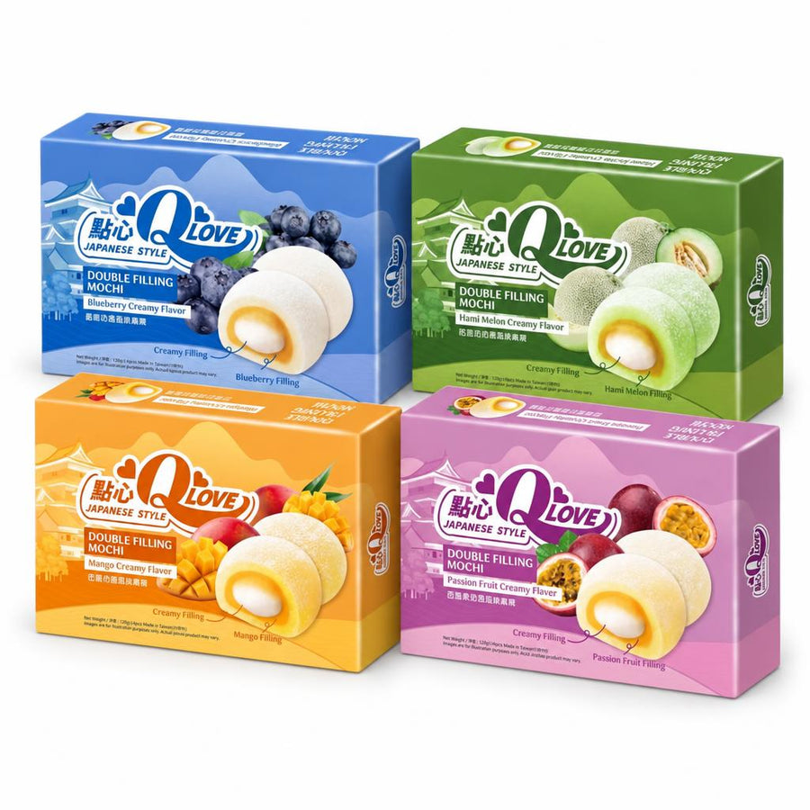 Qlove Kit, 4 Mochis mit den Geschmacksrichtungen Blaubeere, Melone, Mango und Passionsfrucht