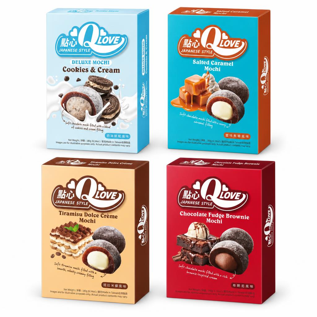 QLove Kit, 4 Mochi mit den Geschmacksrichtungen Cookies &amp; Cream, Salzkaramell, Tiramisu und Brownie