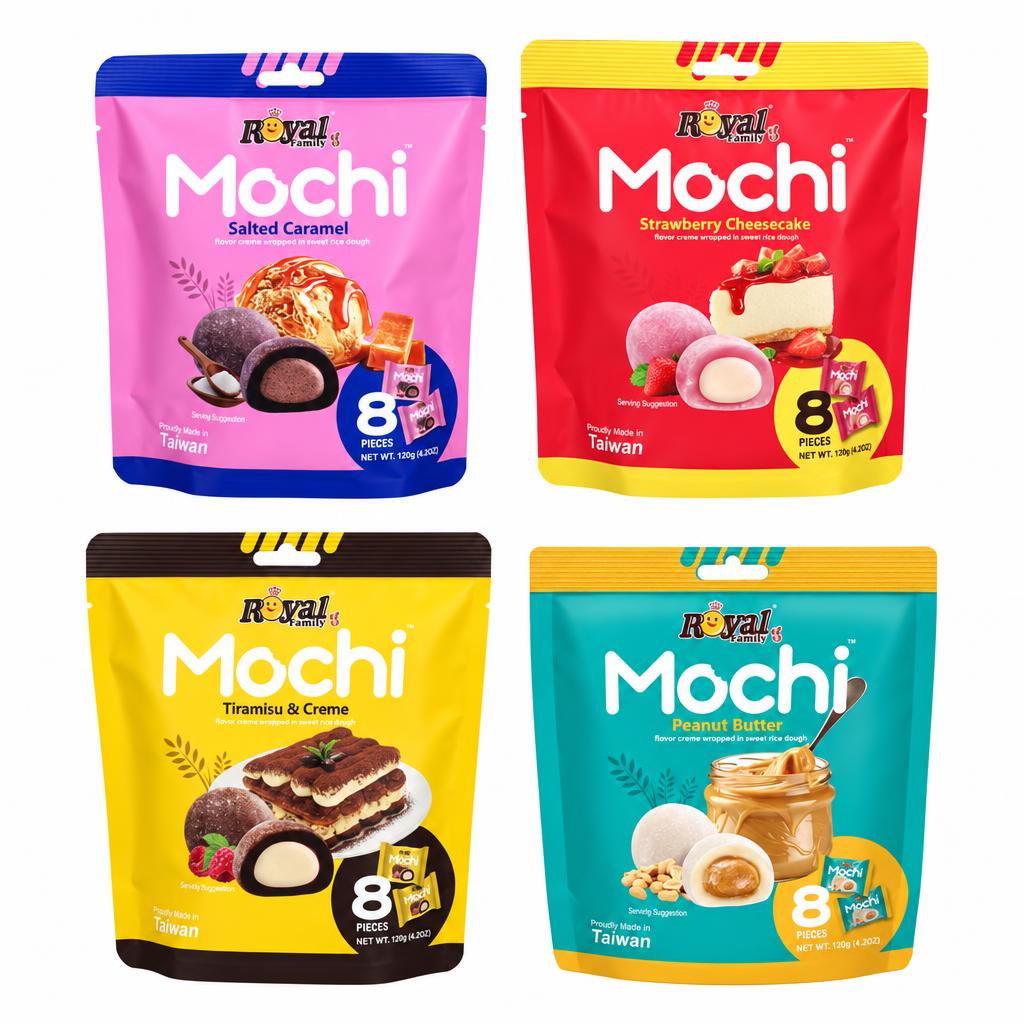 Family Foods Kit, 4 Mochi mit den Geschmacksrichtungen Salzkaramell, Erdbeer-Cheesecake, Tiramisu und Erdnussbutter