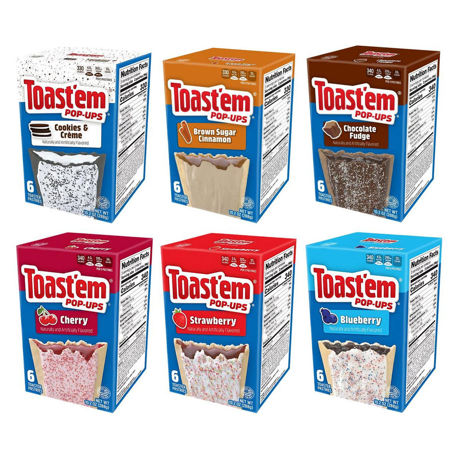 Toast'em Kit, 6 Törtchen-Snacks mit den Geschmacksrichtungen Cookies and Cream, Zimt, Schokolade, Kirsche, Erdbeere und Blaubeere
