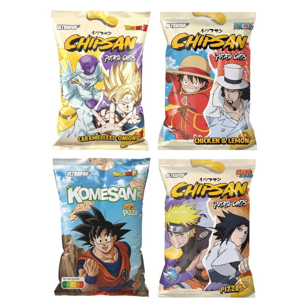 Ultra Pop Kit, 4 Chips und Kartoffelchips mit den Geschmacksrichtungen karamellisierte Zwiebeln, Hähnchen und Zitrone, pizza und pizza (Reis)