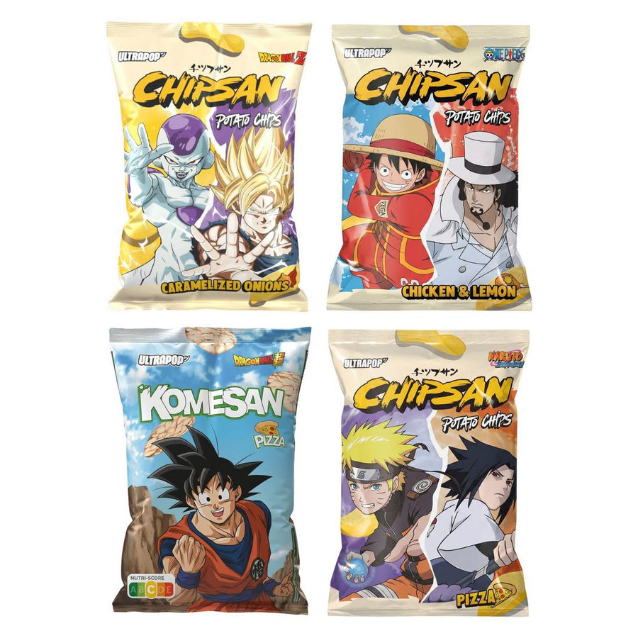 Ultra Pop Kit, 4 Chips und Kartoffelchips mit den Geschmacksrichtungen karamellisierte Zwiebeln, Hähnchen und Zitrone, pizza und pizza (Reis)