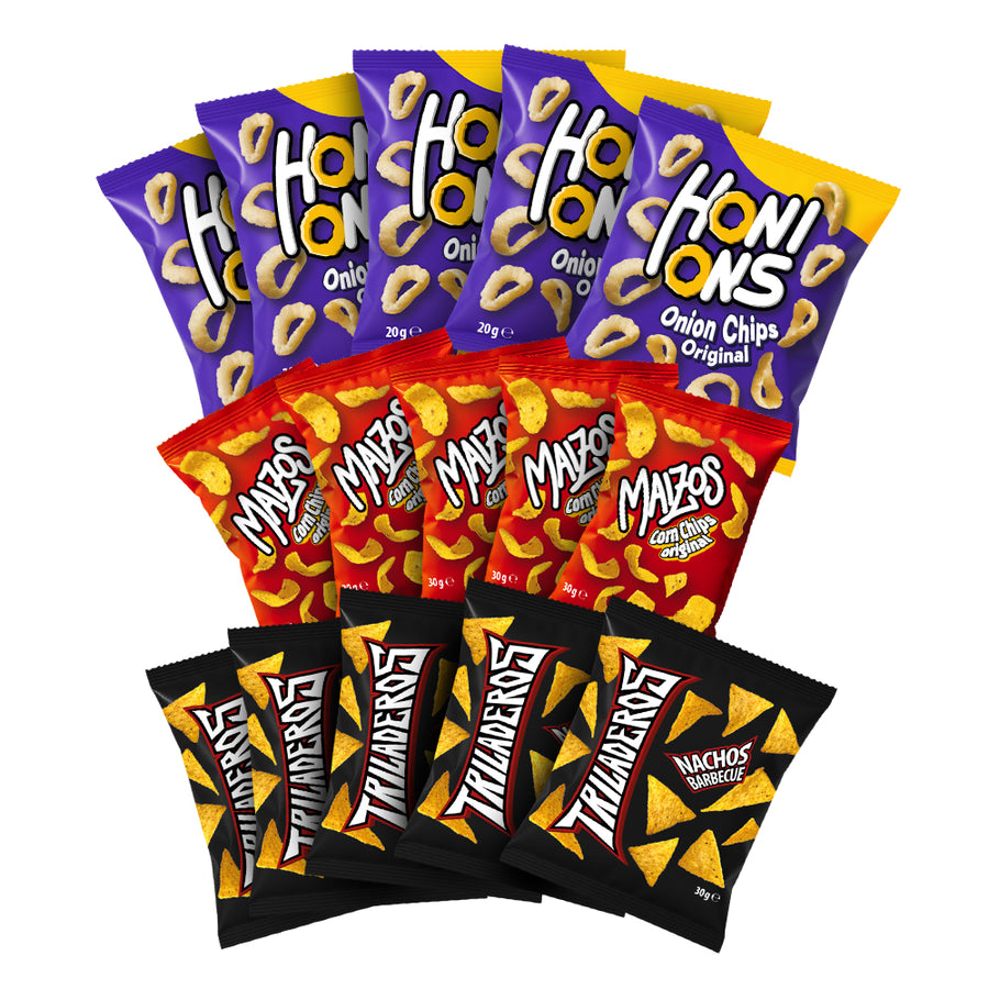 5 pacchetti di chips alla cipolla Honions, 5 pacchetti di snack di mais Maizos, 5 pacchetti di nachos barbecue Triladeros
