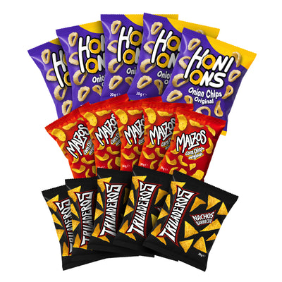 5 pacchetti di chips alla cipolla Honions, 5 pacchetti di snack di mais Maizos, 5 pacchetti di nachos barbecue Triladeros
