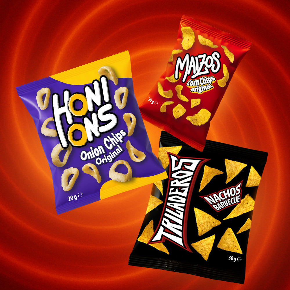 Anelli di cipolla Honions, Corn Chips Maizos e Nachos Trialderos