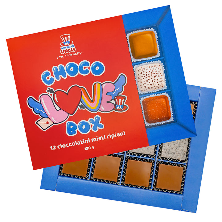 Choco Love Box, Schachtel mit 12 gemischten Pralinen gefüllt mit Erdnussbutter, Toffee und Cookies & Cream, 130g 