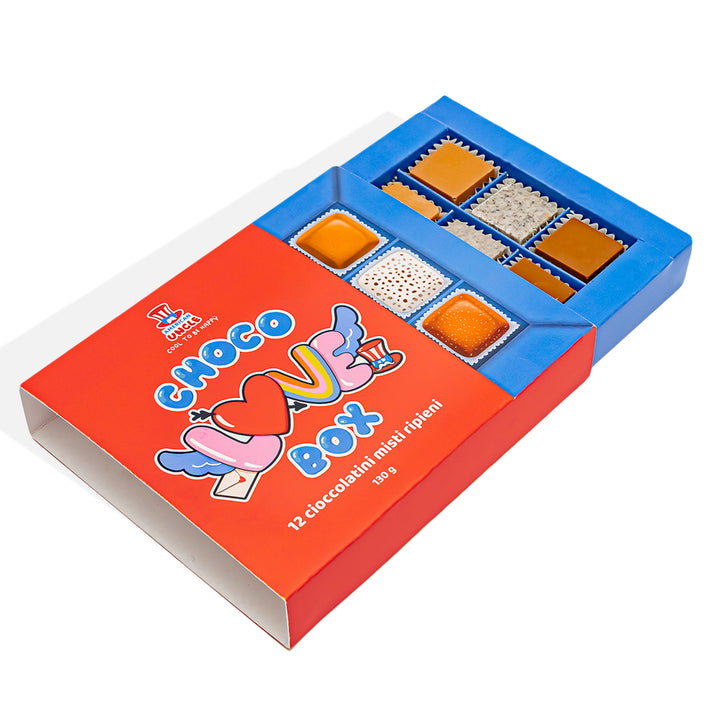 Choco Love Box, Schachtel mit 12 gemischten Pralinen gefüllt mit Erdnussbutter, Toffee und Cookies & Cream, 130g 