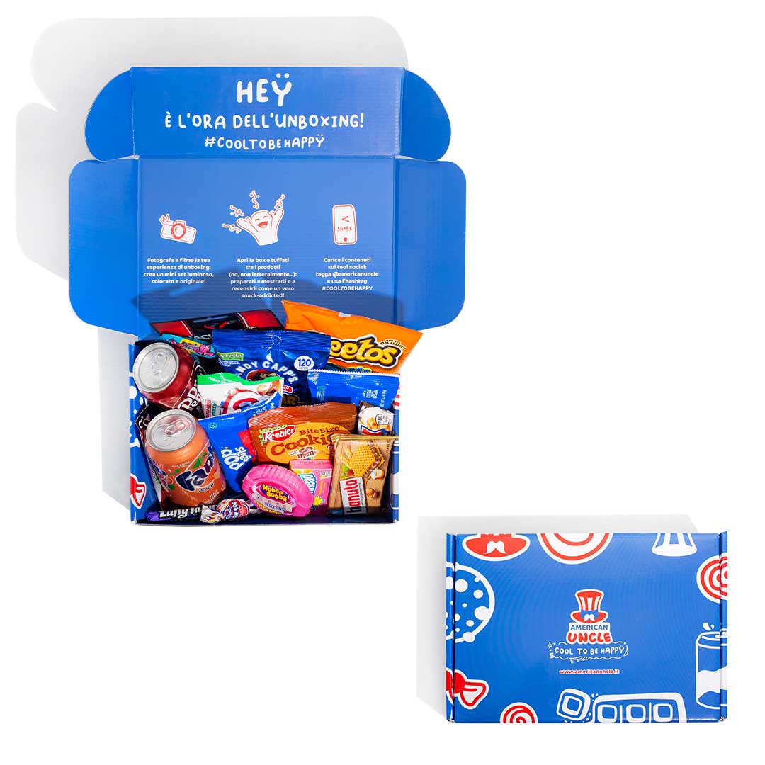 Americanbox aus mindestens 20 Produkten: süß, salzig und Getränke 