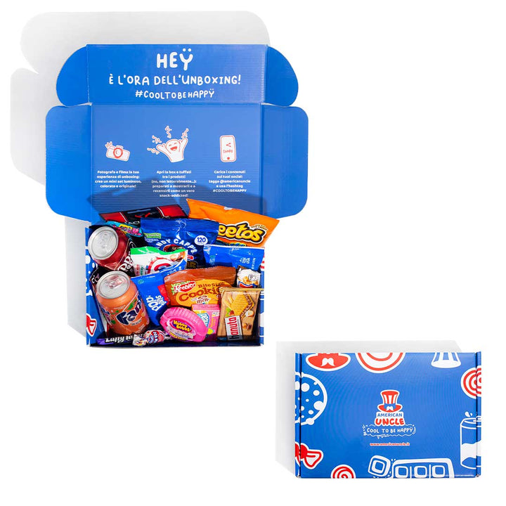 Americanbox aus mindestens 20 Produkten: süß, salzig und Getränke 