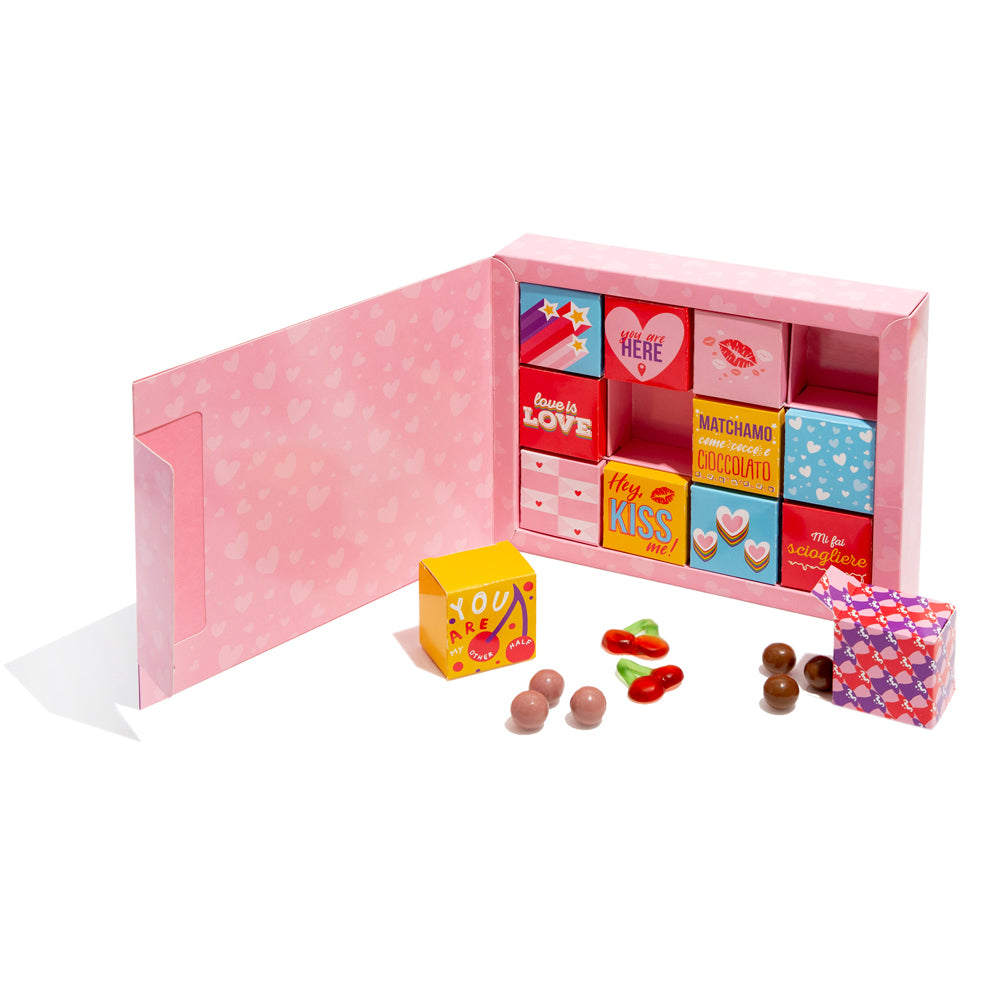Love Bites Box, Packung mit 12 Schachteln Pralinen und Süßigkeiten 