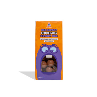 Monster Choco Balls Scary Mix, Milchschokolade gefüllt mit weißer Schokolade, Salted Caramel und Milchschokolade, 100g