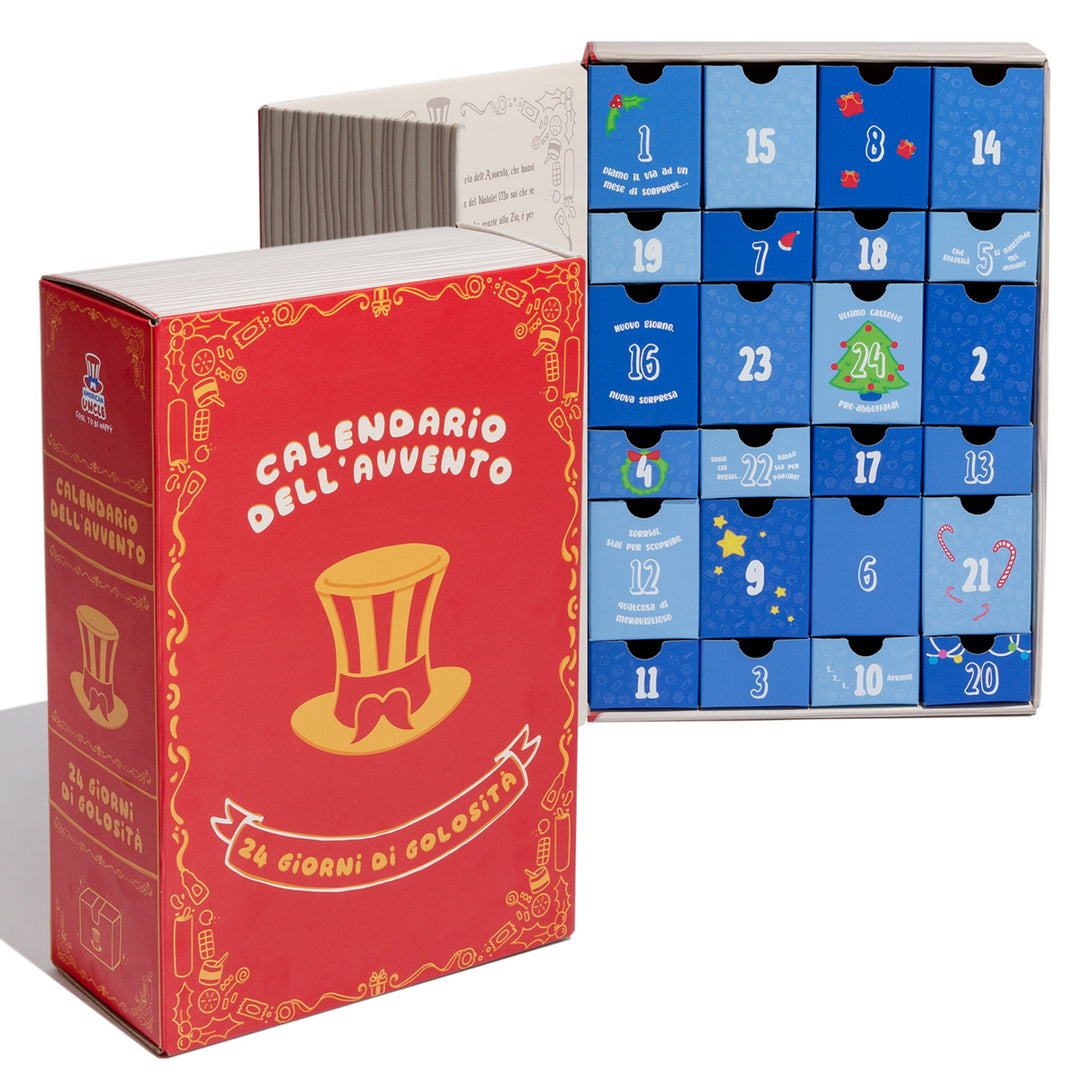 Vintage Adventskalender, Box mit +24 snack süßen und salzigen Überraschungen 