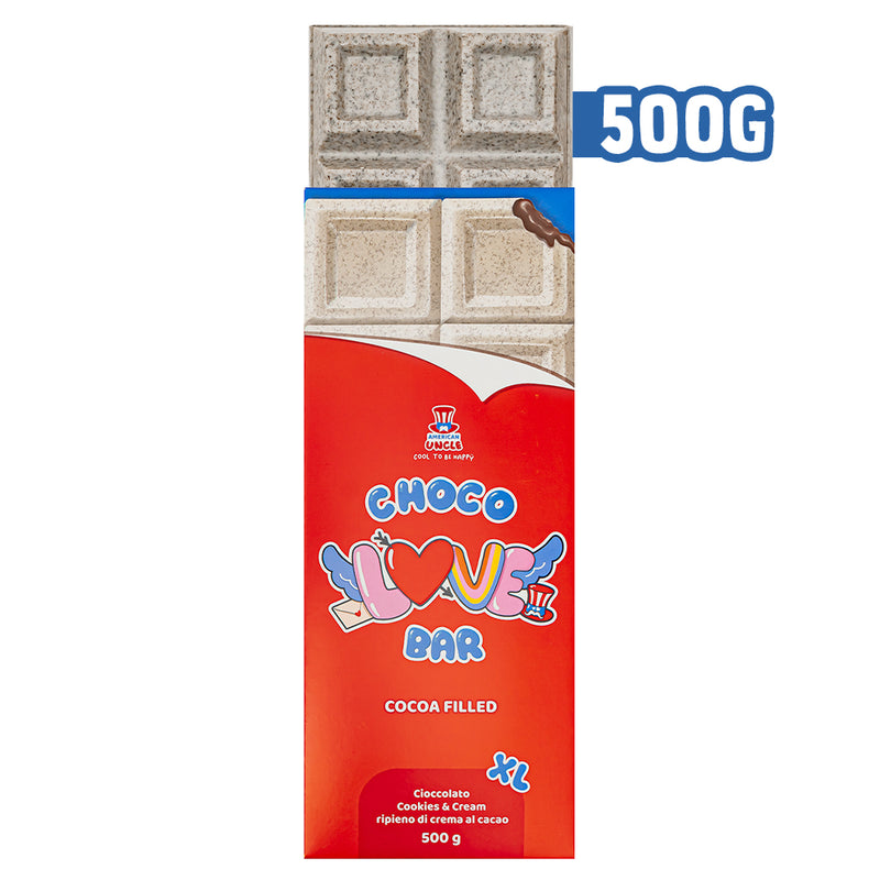 XL Cocoa filled Choco Love Bar, Schokolade Cookies & Cream gefüllt mit Kakaocreme 500g