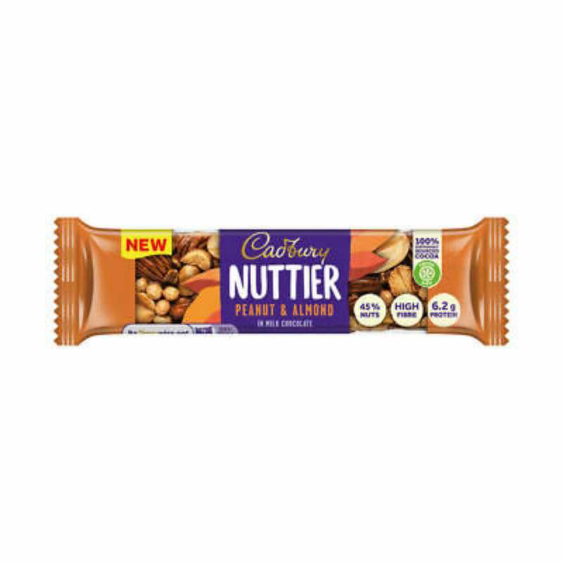 Cadbury Nuttier Mandeln und Erdnüsse, Mandel- und Erdnussriegel, überzogen mit Milchschokolade, 40g