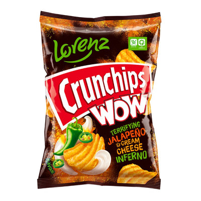 Confezione da 80g di patatine al formaggio e peperoncino Lorenz Crunchips Wow Terrifying Jalapeno & Cream Cheese Inferno 