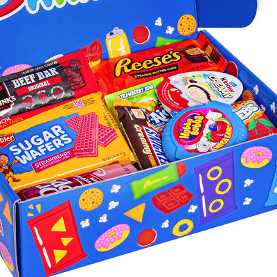 Snack box Cool to be Happy, Überraschungsbox mit 20 süßen, salzigen Snacks und Getränken