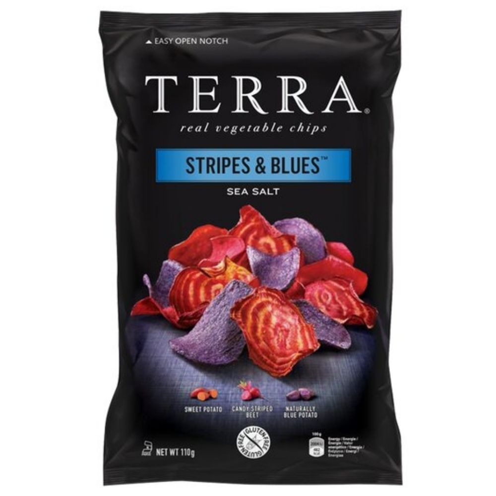 Terra Real Vegetable Chips Stripe & Blues, Süßkartoffel- und Radieschenchips mit Meersalz 110g 