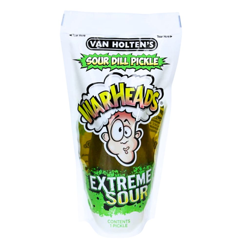 Confezione monoporzione di cetriolo aspro sottoaceto Van Holtens Sour Dill Pickle Warheads Extreme Sour
