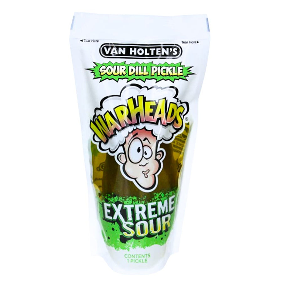 Confezione monoporzione di cetriolo aspro sottoaceto Van Holtens Sour Dill Pickle Warheads Extreme Sour