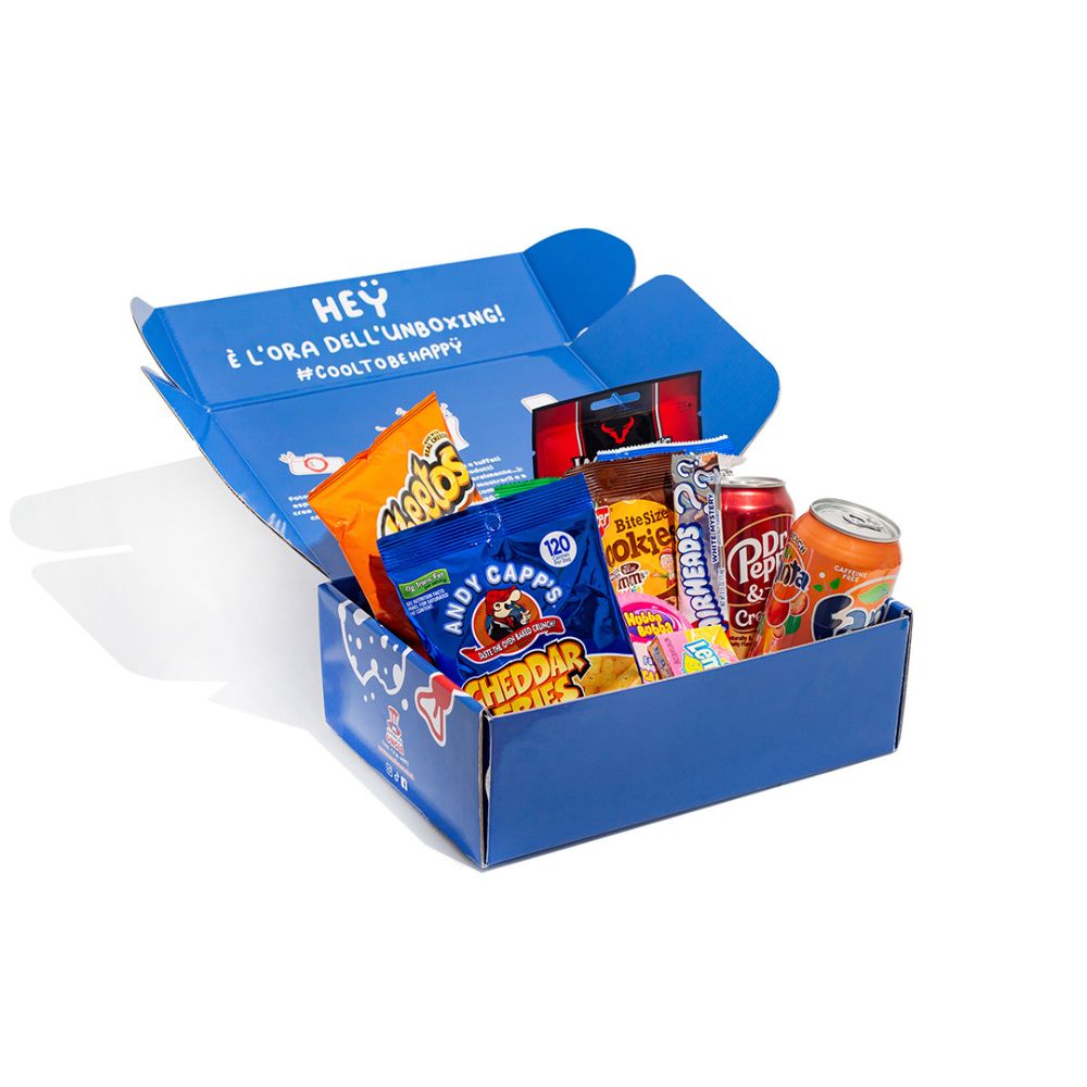 Americanbox aus mindestens 20 Produkten: süß, salzig und Getränke 