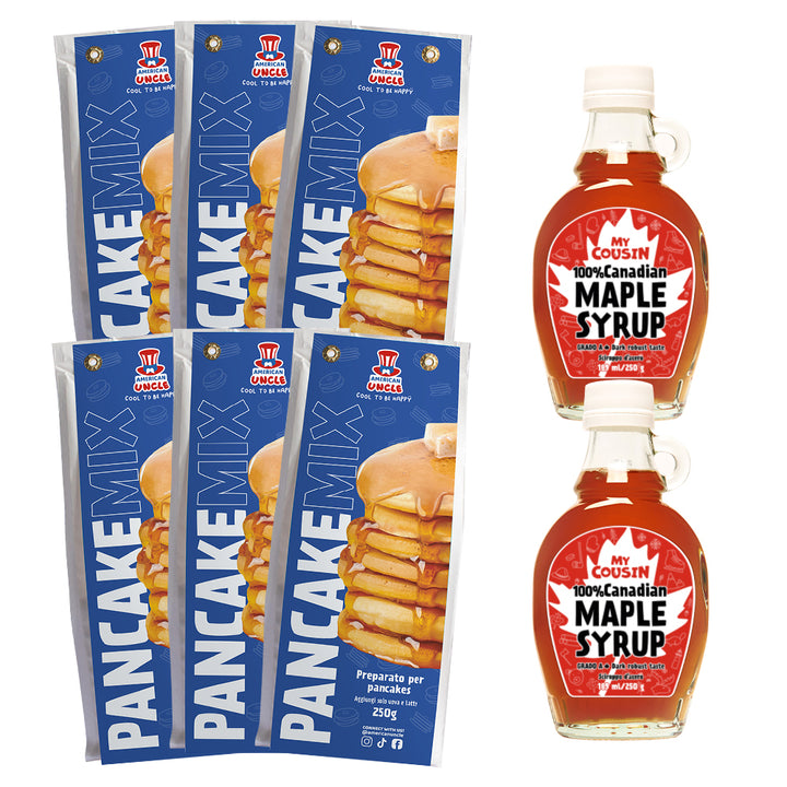 6x American Uncle Pfannkuchenmischung + 2x Ahornsirup My Cousin 
