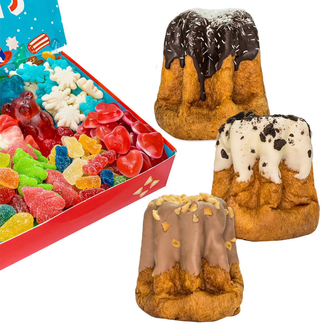 Candy box Feiertagsedition + 3 handgemachte Pandori à 200g Dunkle Schokolade & Kokosnuss, Salzkaramell & Schoko-Erdnüsse und Cookies & Cream 