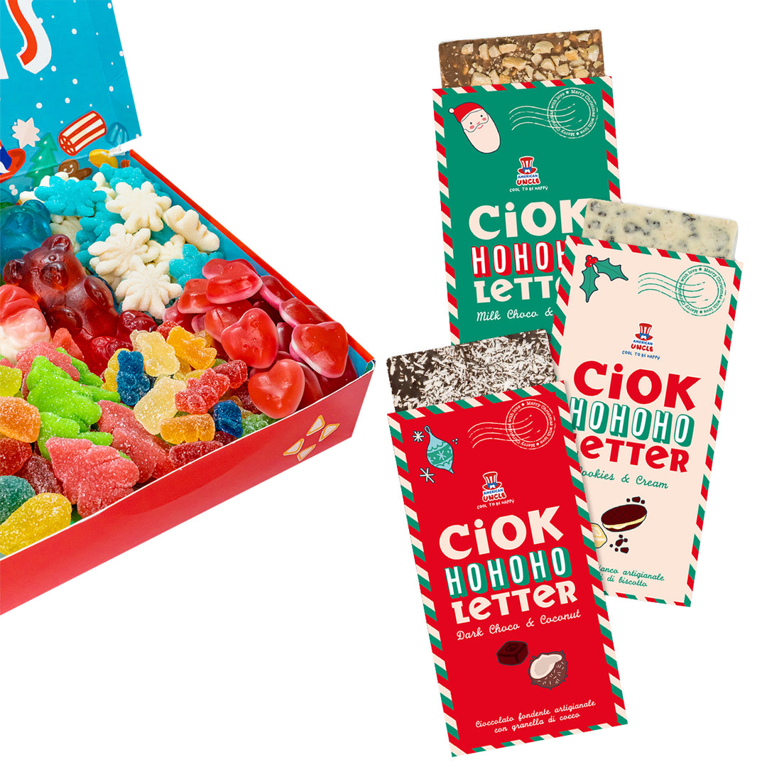 Candy box Feiertagsausgabe + 3 ChocoLetter, Schachtel mit Gummibonbons von 1kg und drei Tafeln handgemachte Schokolade 