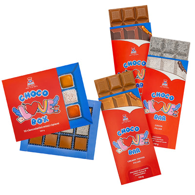 Confezione di cioccolatini Choco Love Box e 3 tavolette Choco Love Bar