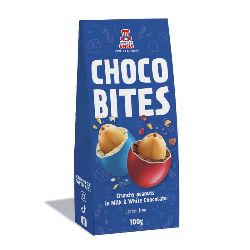 Choco Bites, Dragees mit gerösteten Erdnüssen, überzogen mit Milch- und Weißschokolade, 100g