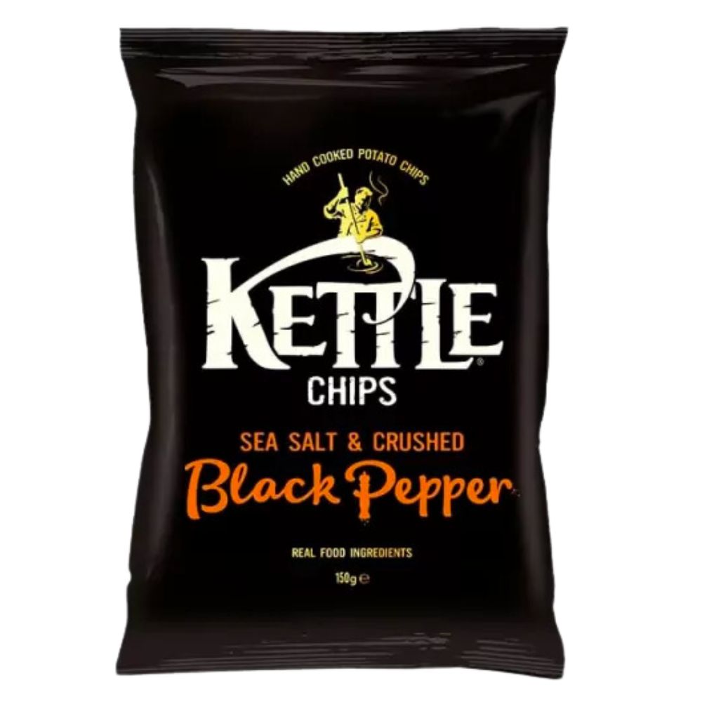 Confezione da 150g di patatine al sale e pepe nero kettle Black Pepper