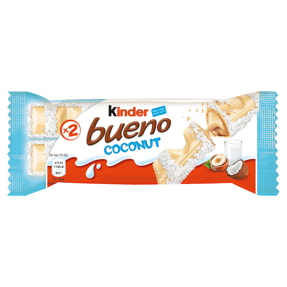 Kinder Bueno Coconut, wafer ricoperti di cocco e cioccolato bianco con ... Kinder Bueno Coconut, wafer ricoperti di cocco e cioccolato bianco con ...