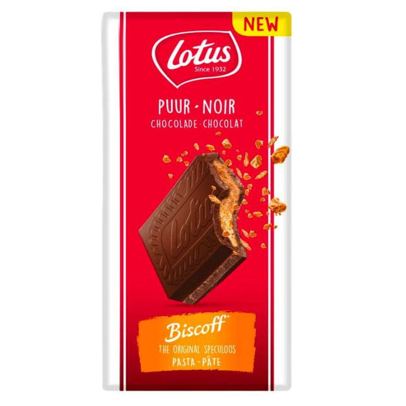 Confezione da 180g di barretta di cioccolato fondente con biscotti Lotus Puur Noir Chocolat 