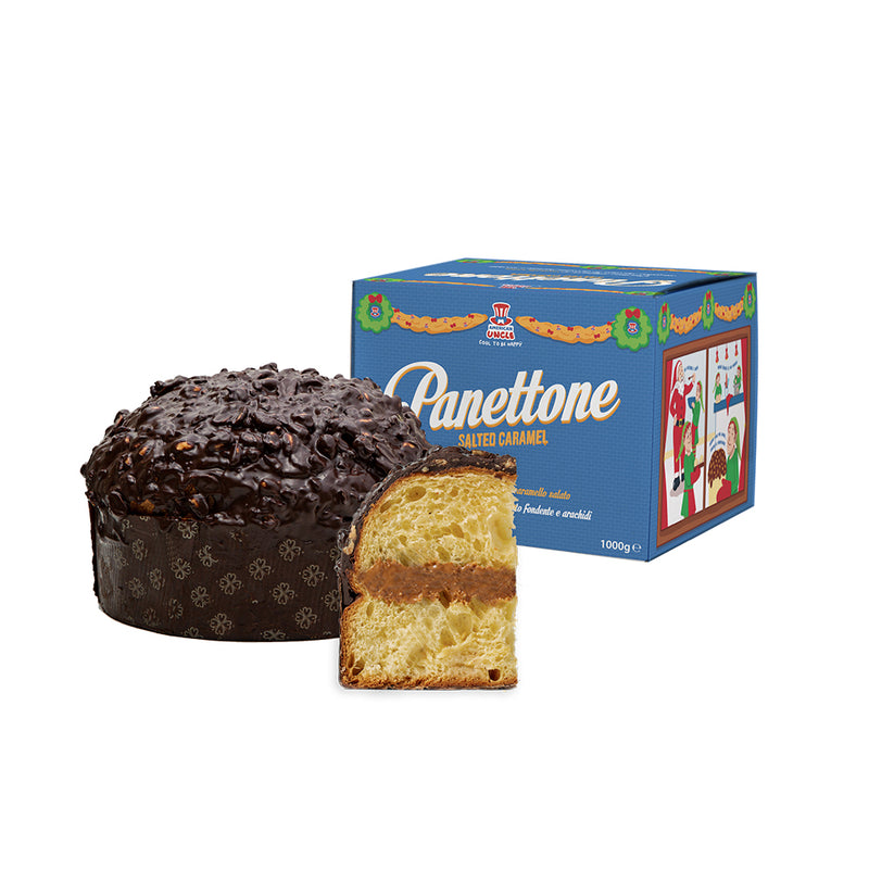 Der Il Panettone di American Uncle, handwerklicher Panettone gefüllt mit salzigem Karamell und überzogen mit dunkler Schokolade und Erdnüssen, 1kg