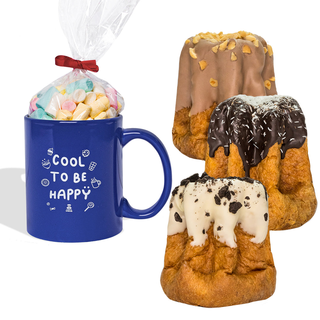 Tasse Cool to be Happy + Beutel mit 100g Gummibonbons + 3 handwerkliche Pandoro à 200g 